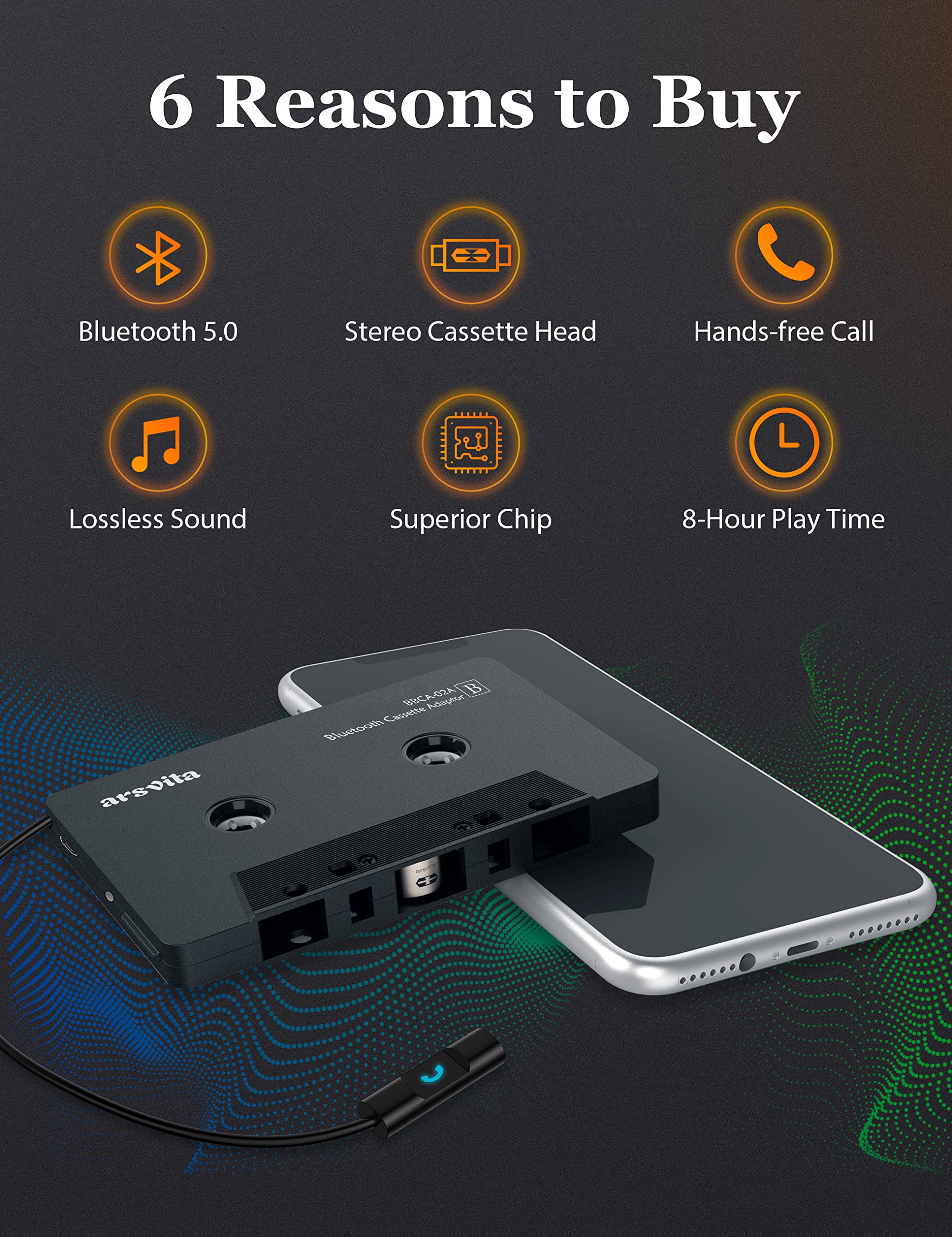 arsvita Bluetooth 5.0 Cassette to Aux Adapter for Car, Hands-Free Call, Small, Charcoal Black